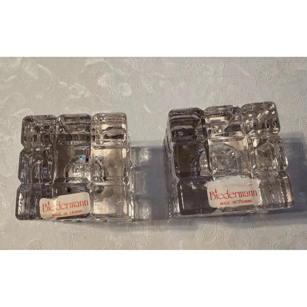 Vintage Biedermann Pair Clear Glass Cube Taper Candle Holders Ice Block Decor